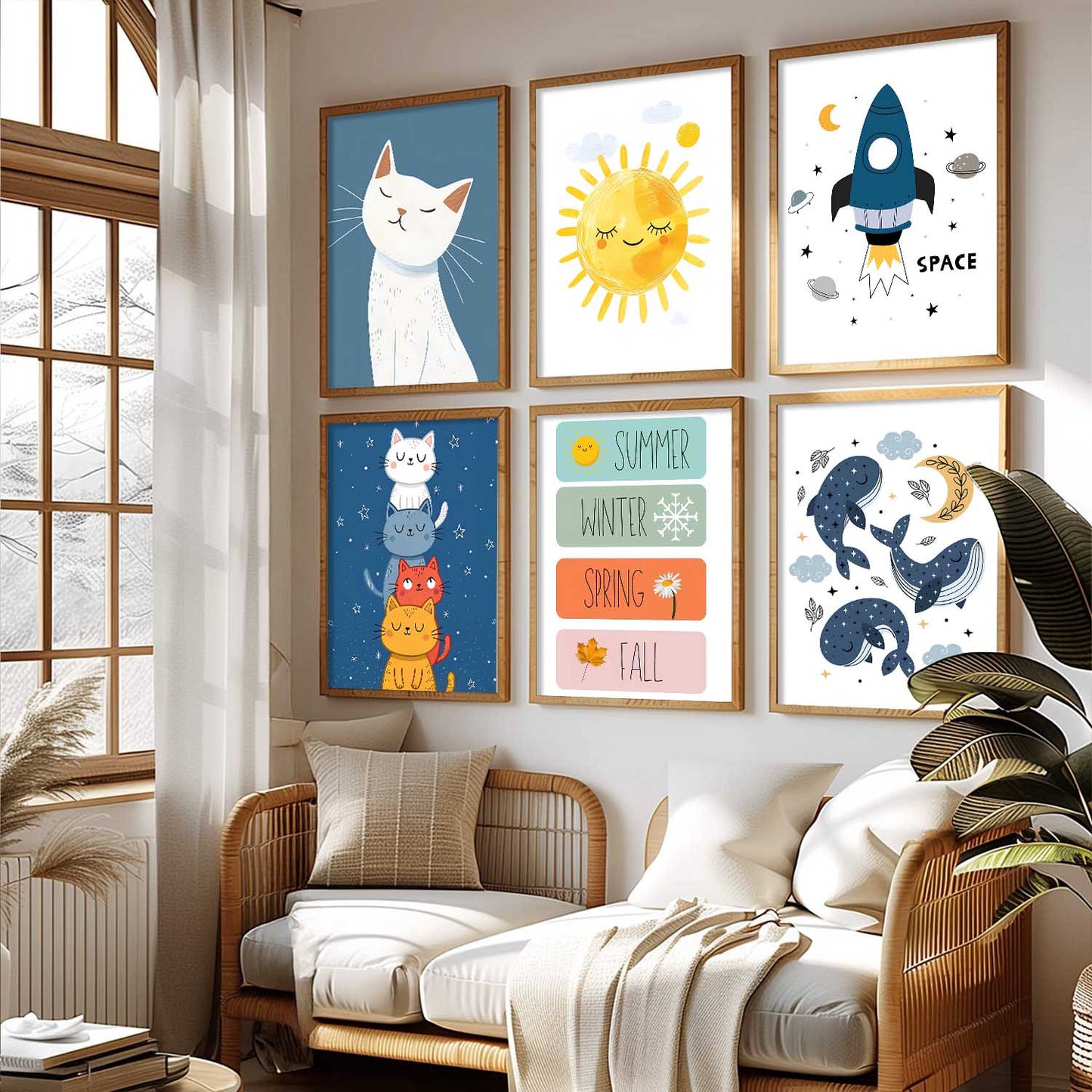 Seasons Sun Cats Whales Cartoon Animals Wall Art Paintings with Frame for Living Room Bedroom
