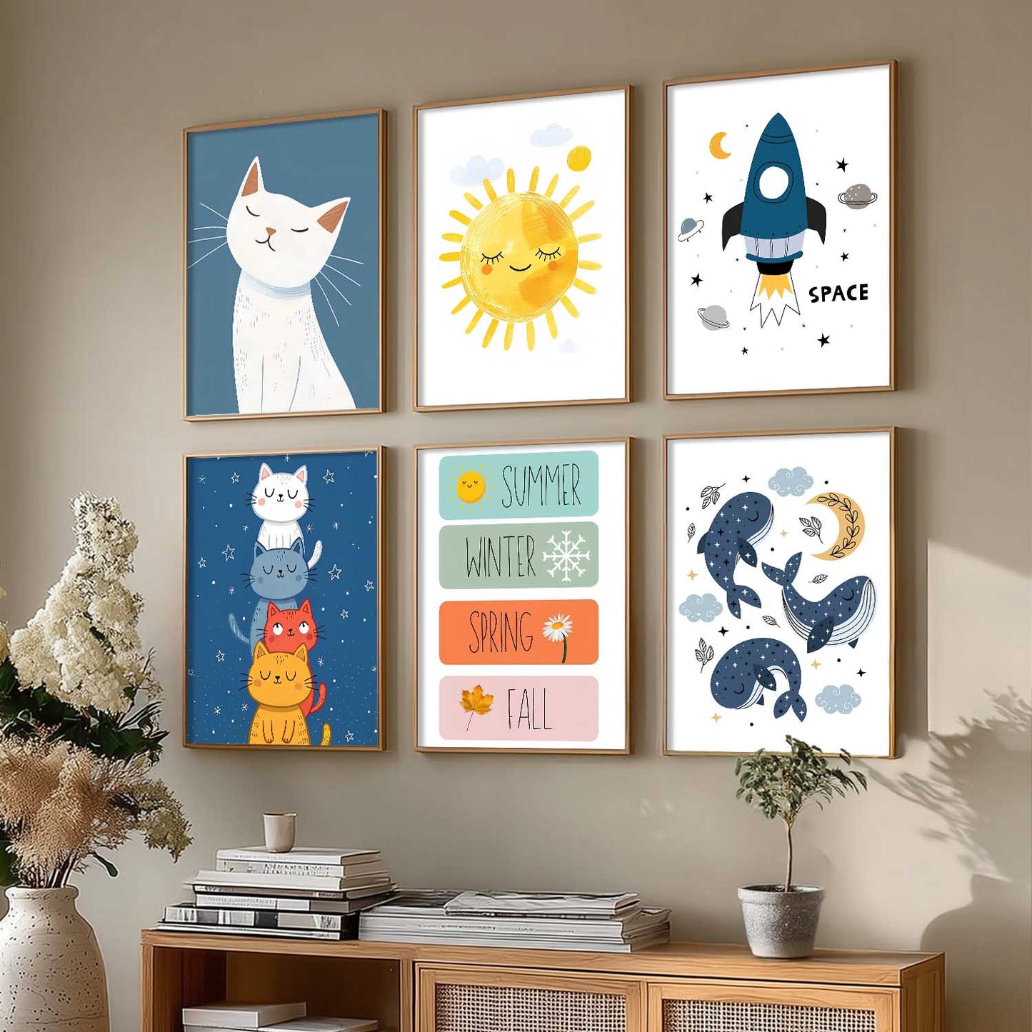 Seasons Sun Cats Whales Cartoon Animals Wall Art Paintings with Frame for Living Room Bedroom