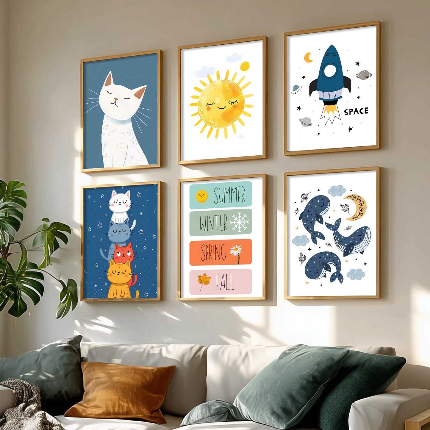 Seasons Sun Cats Whales Cartoon Animals Wall Art Paintings with Frame for Living Room Bedroom