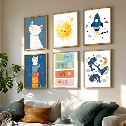 Seasons Sun Cats Whales Cartoon Animals Wall Art Paintings with Frame for Living Room Bedroom