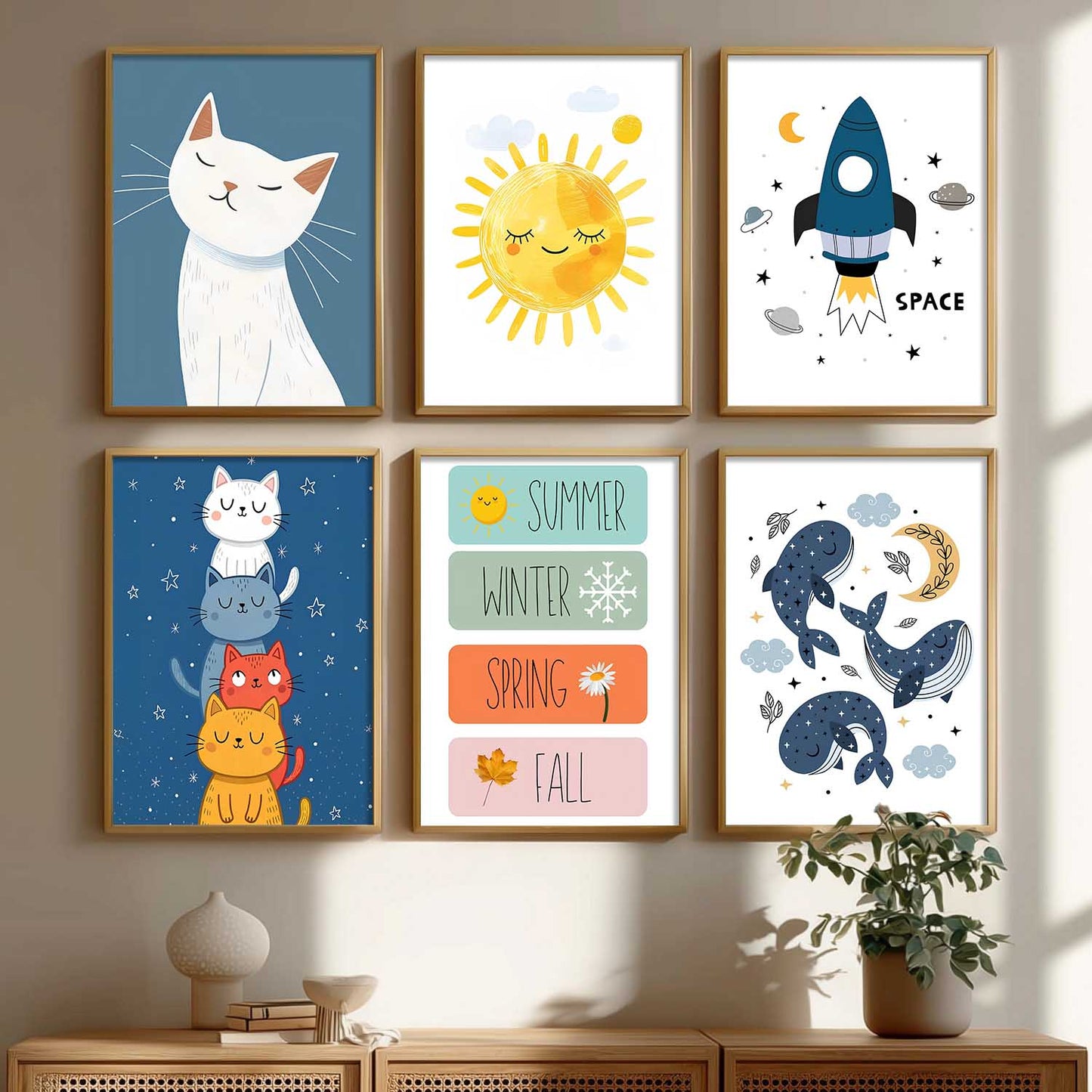 Seasons Sun Cats Whales Cartoon Animals Wall Art Paintings with Frame for Living Room Bedroom