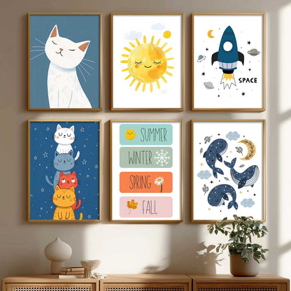 Seasons Sun Cats Whales Cartoon Animals Wall Art Paintings with Frame for Living Room Bedroom