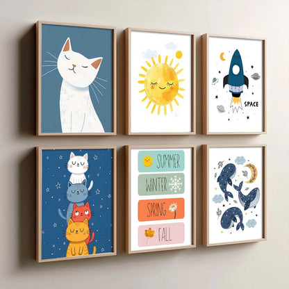 Seasons Sun Cats Whales Cartoon Animals Wall Art Paintings with Frame for Living Room Bedroom