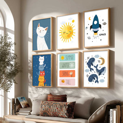Seasons Sun Cats Whales Cartoon Animals Wall Art Paintings with Frame for Living Room Bedroom