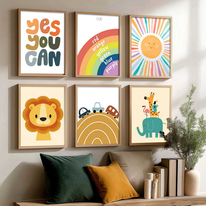 Lion Elephant Cartoon Animals Wall Art Paintings with Frame for Living Room Bedroom