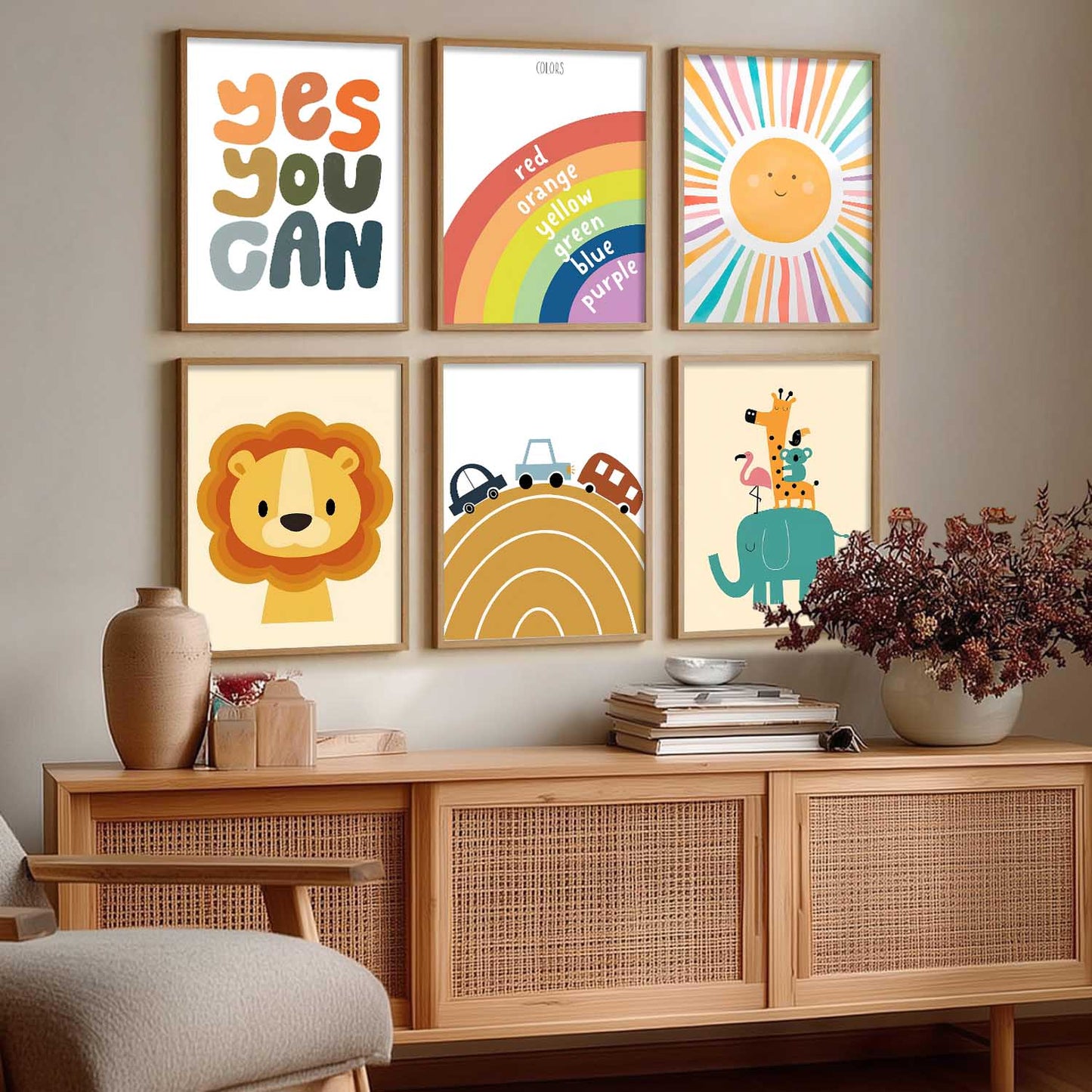 Lion Elephant Cartoon Animals Wall Art Paintings with Frame for Living Room Bedroom