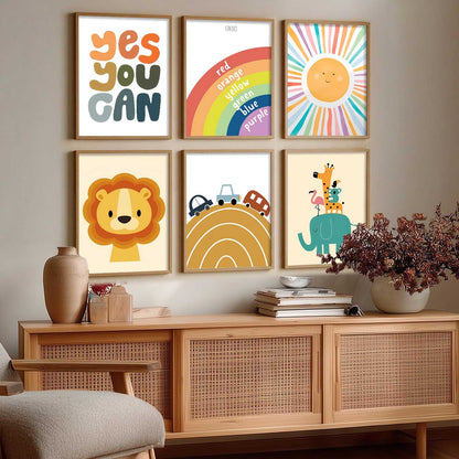 Lion Elephant Cartoon Animals Wall Art Paintings with Frame for Living Room Bedroom