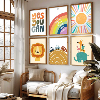 Lion Elephant Cartoon Animals Wall Art Paintings with Frame for Living Room Bedroom