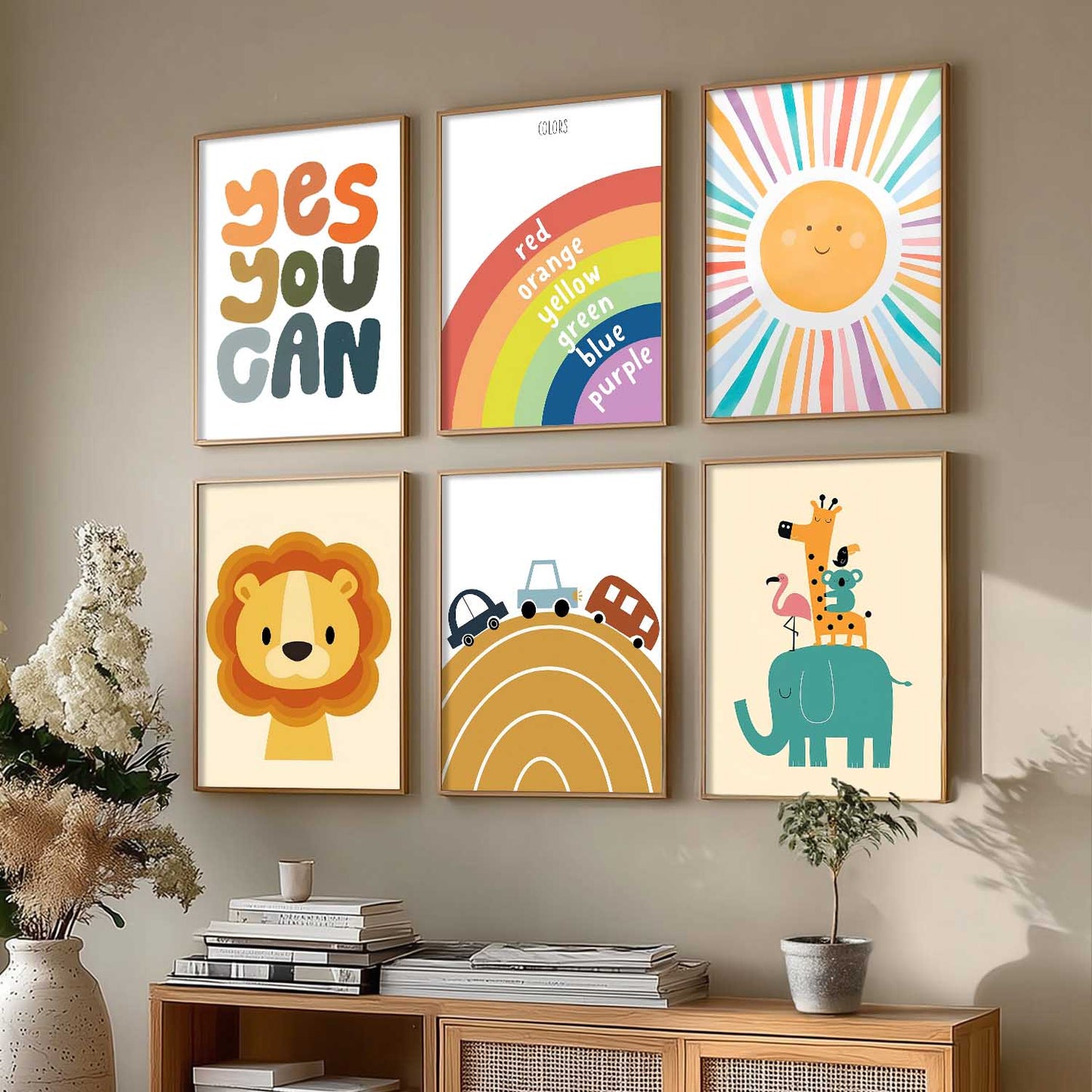 Lion Elephant Cartoon Animals Wall Art Paintings with Frame for Living Room Bedroom