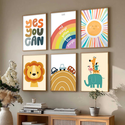 Lion Elephant Cartoon Animals Wall Art Paintings with Frame for Living Room Bedroom