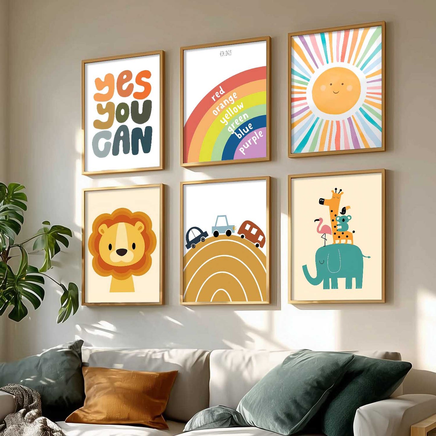 Lion Elephant Cartoon Animals Wall Art Paintings with Frame for Living Room Bedroom