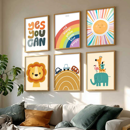 Lion Elephant Cartoon Animals Wall Art Paintings with Frame for Living Room Bedroom