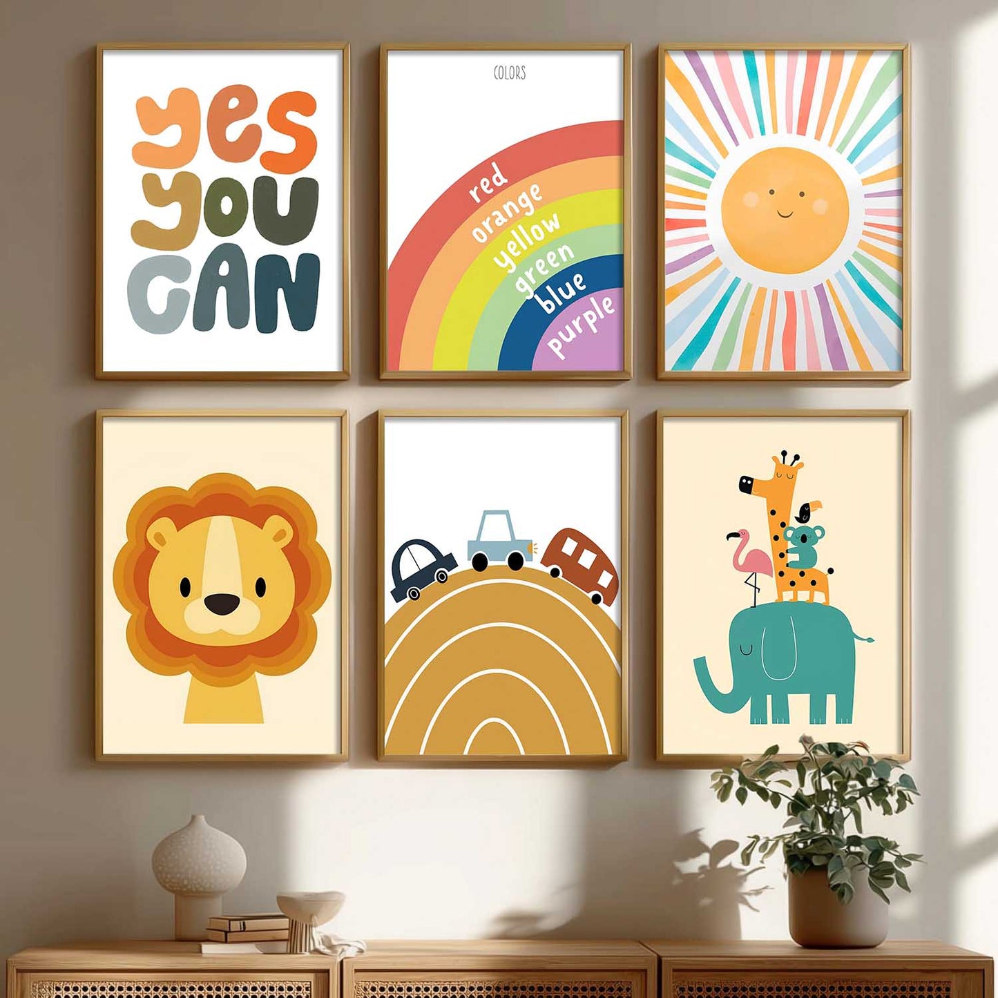 Lion Elephant Cartoon Animals Wall Art Paintings with Frame for Living Room Bedroom