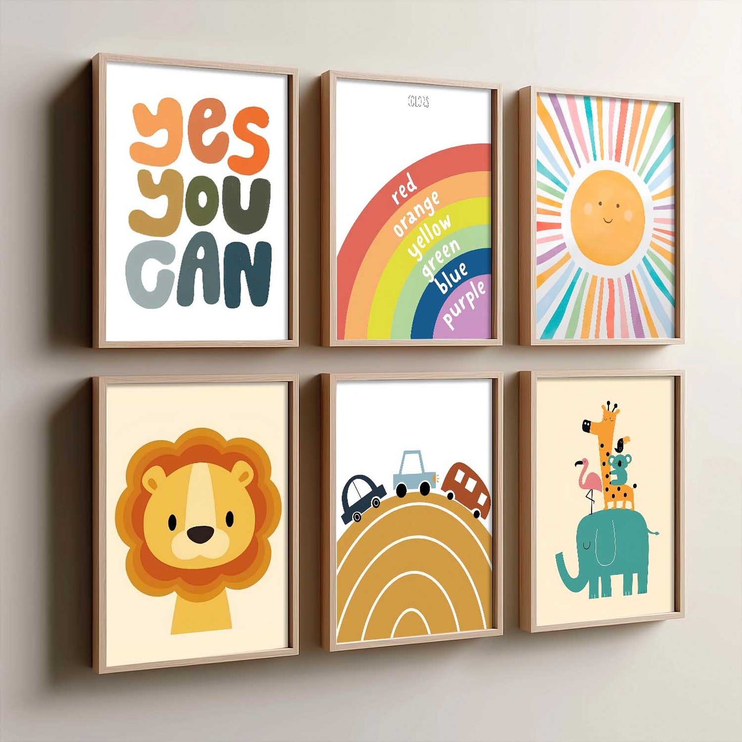 Lion Elephant Cartoon Animals Wall Art Paintings with Frame for Living Room Bedroom