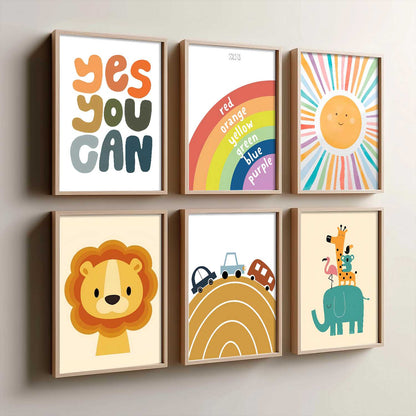 Lion Elephant Cartoon Animals Wall Art Paintings with Frame for Living Room Bedroom