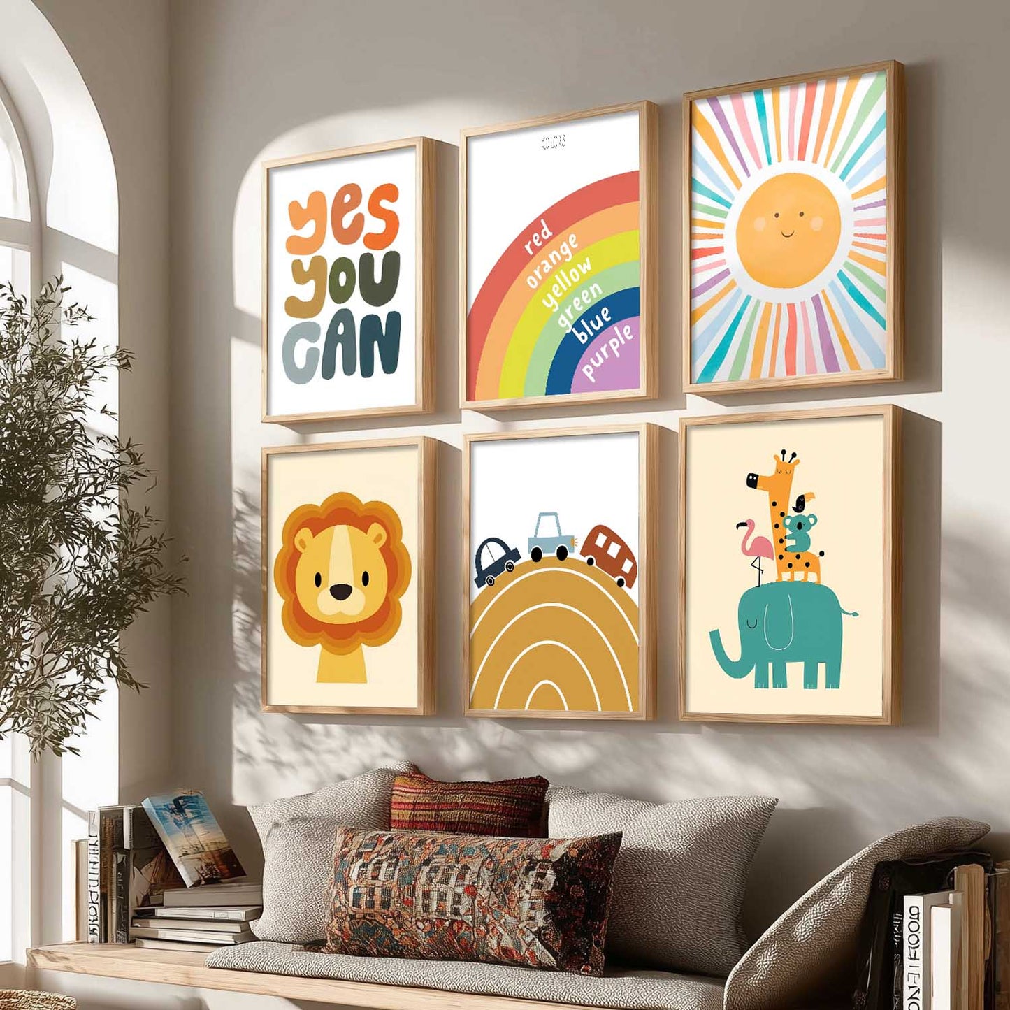 Lion Elephant Cartoon Animals Wall Art Paintings with Frame for Living Room Bedroom