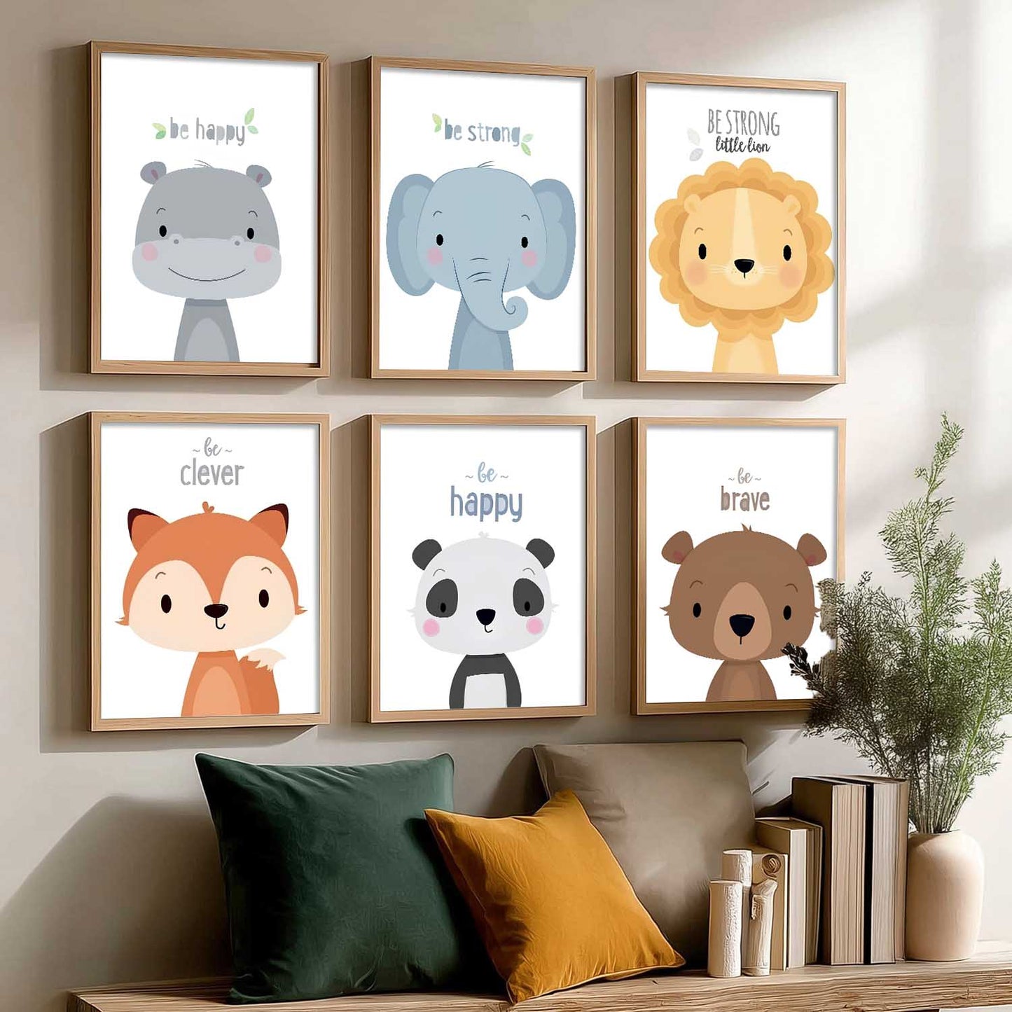 Safari Animals Cartoon Animals Wall Art Paintings with Frame for Living Room Bedroom