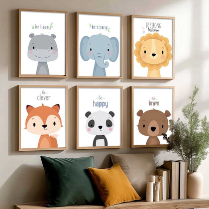 Safari Animals Cartoon Animals Wall Art Paintings with Frame for Living Room Bedroom