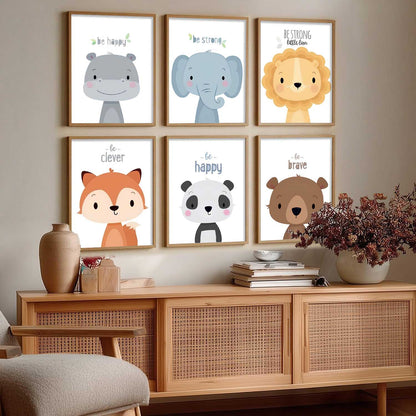 Safari Animals Cartoon Animals Wall Art Paintings with Frame for Living Room Bedroom