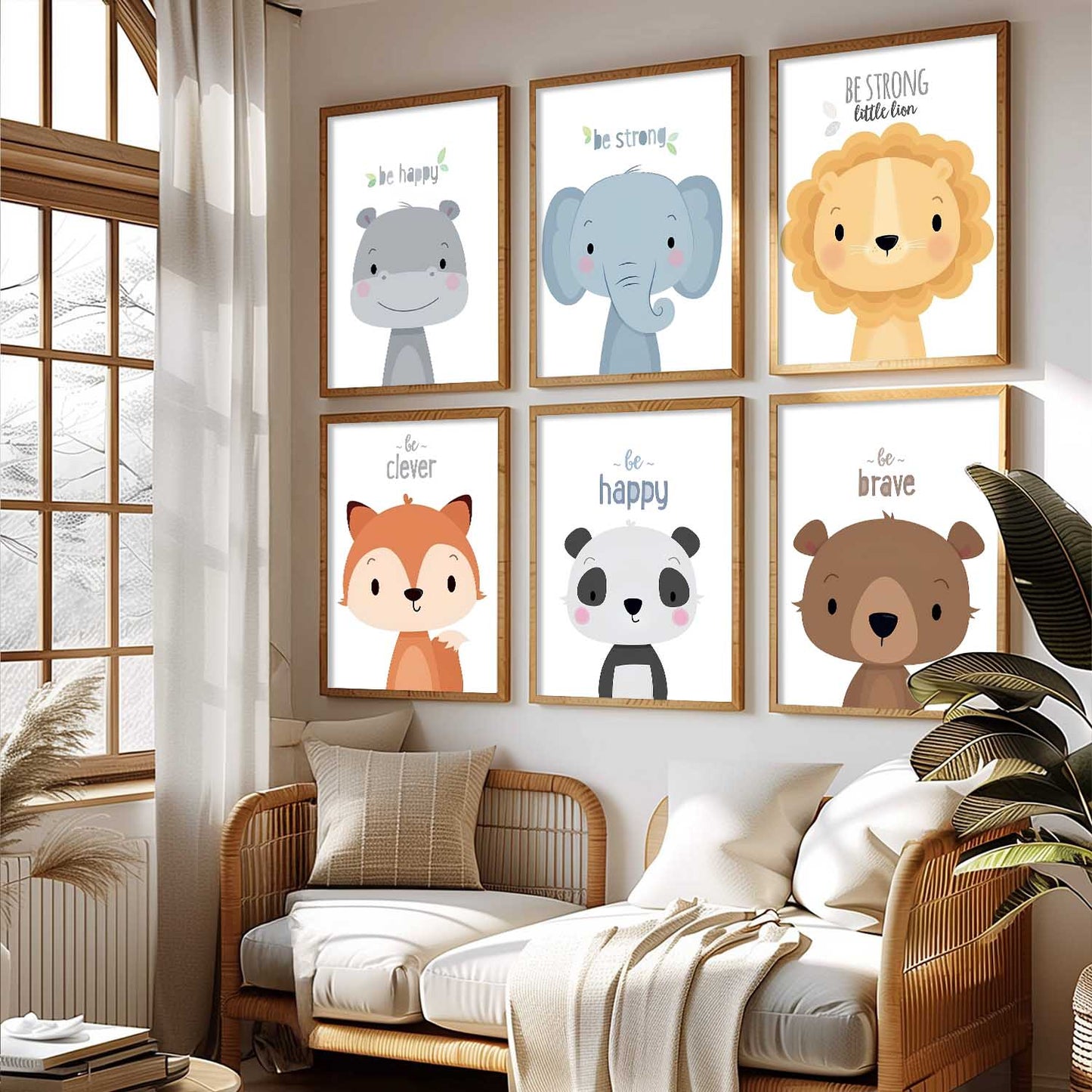 Safari Animals Cartoon Animals Wall Art Paintings with Frame for Living Room Bedroom