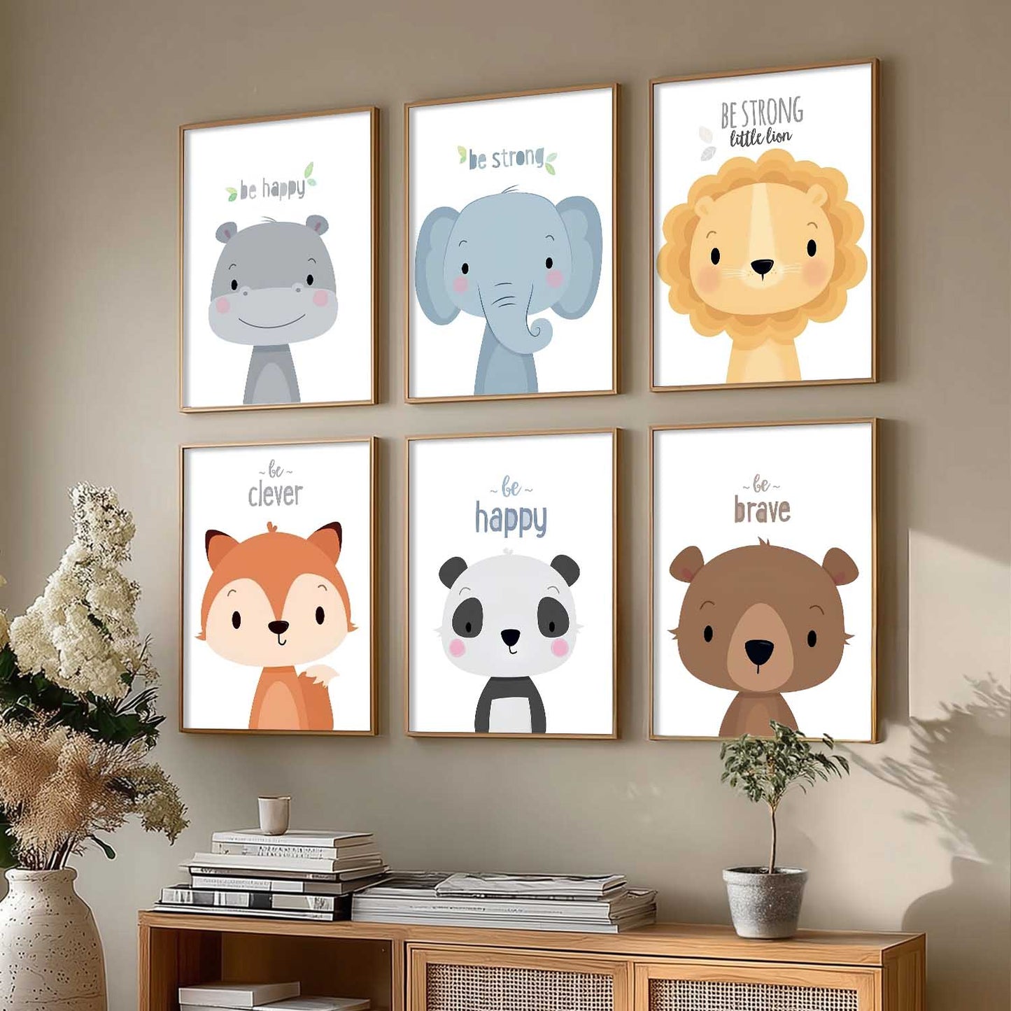 Safari Animals Cartoon Animals Wall Art Paintings with Frame for Living Room Bedroom