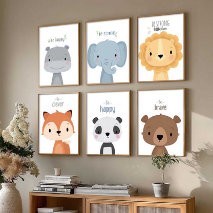 Safari Animals Cartoon Animals Wall Art Paintings with Frame for Living Room Bedroom