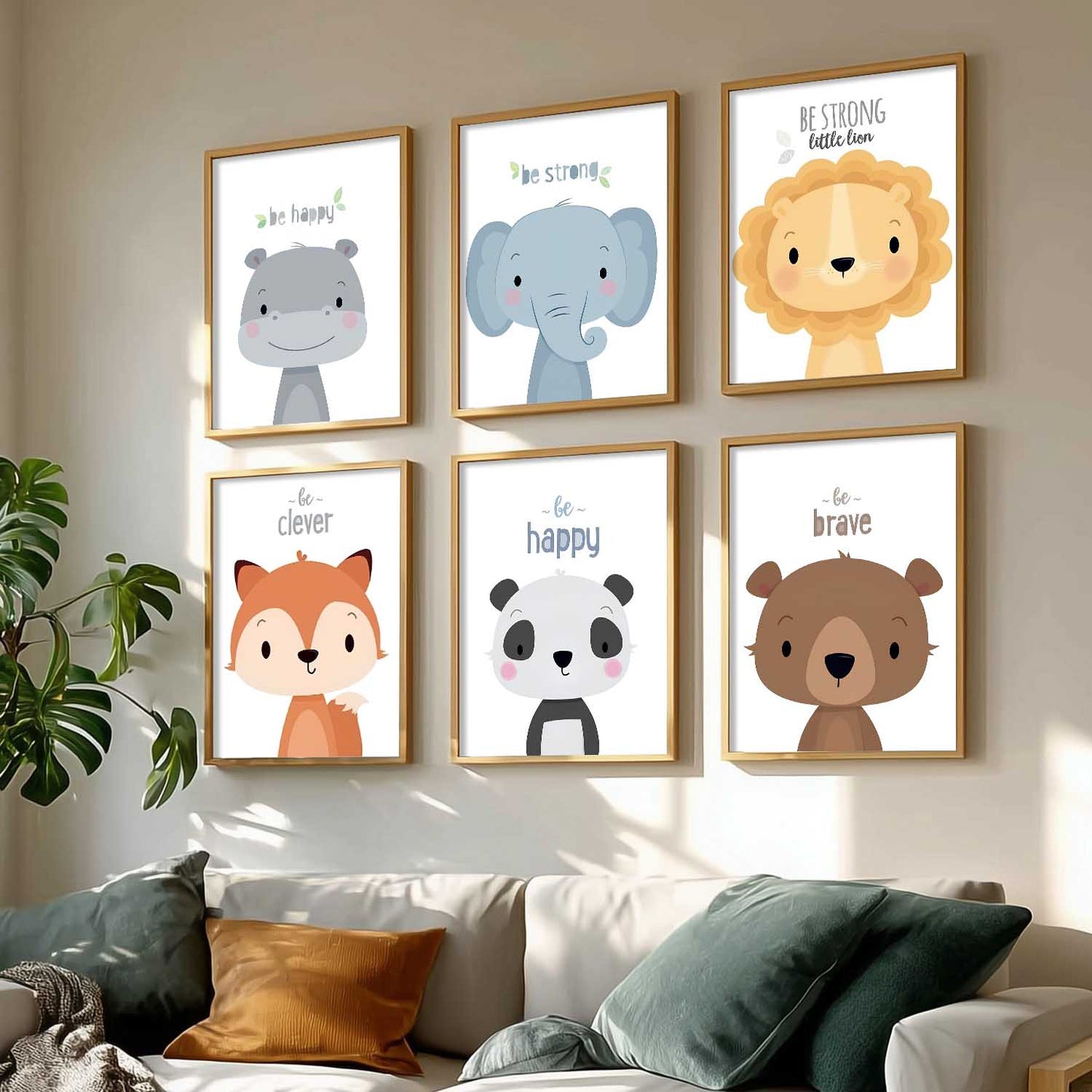 Safari Animals Cartoon Animals Wall Art Paintings with Frame for Living Room Bedroom