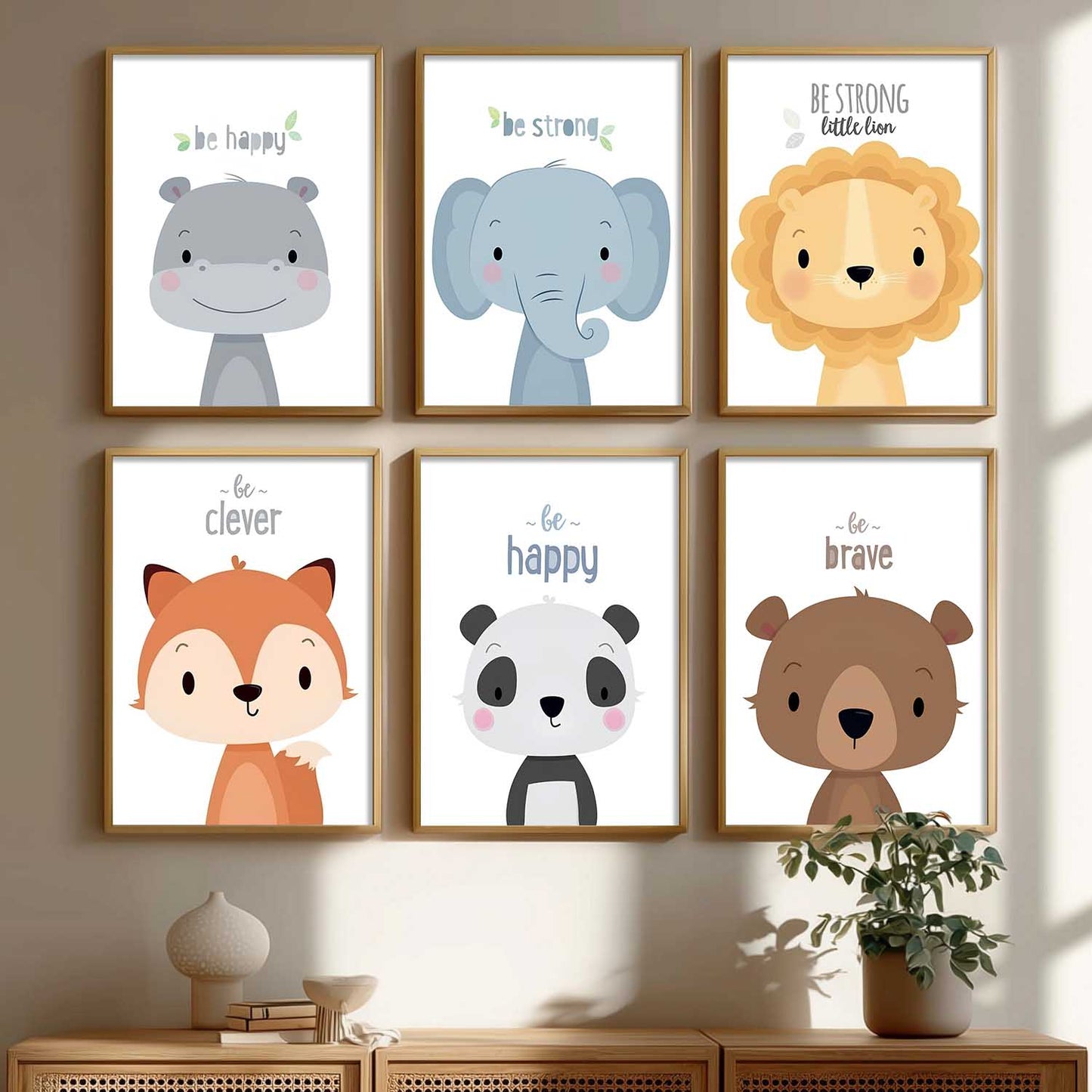 Safari Animals Cartoon Animals Wall Art Paintings with Frame for Living Room Bedroom