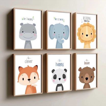 Safari Animals Cartoon Animals Wall Art Paintings with Frame for Living Room Bedroom
