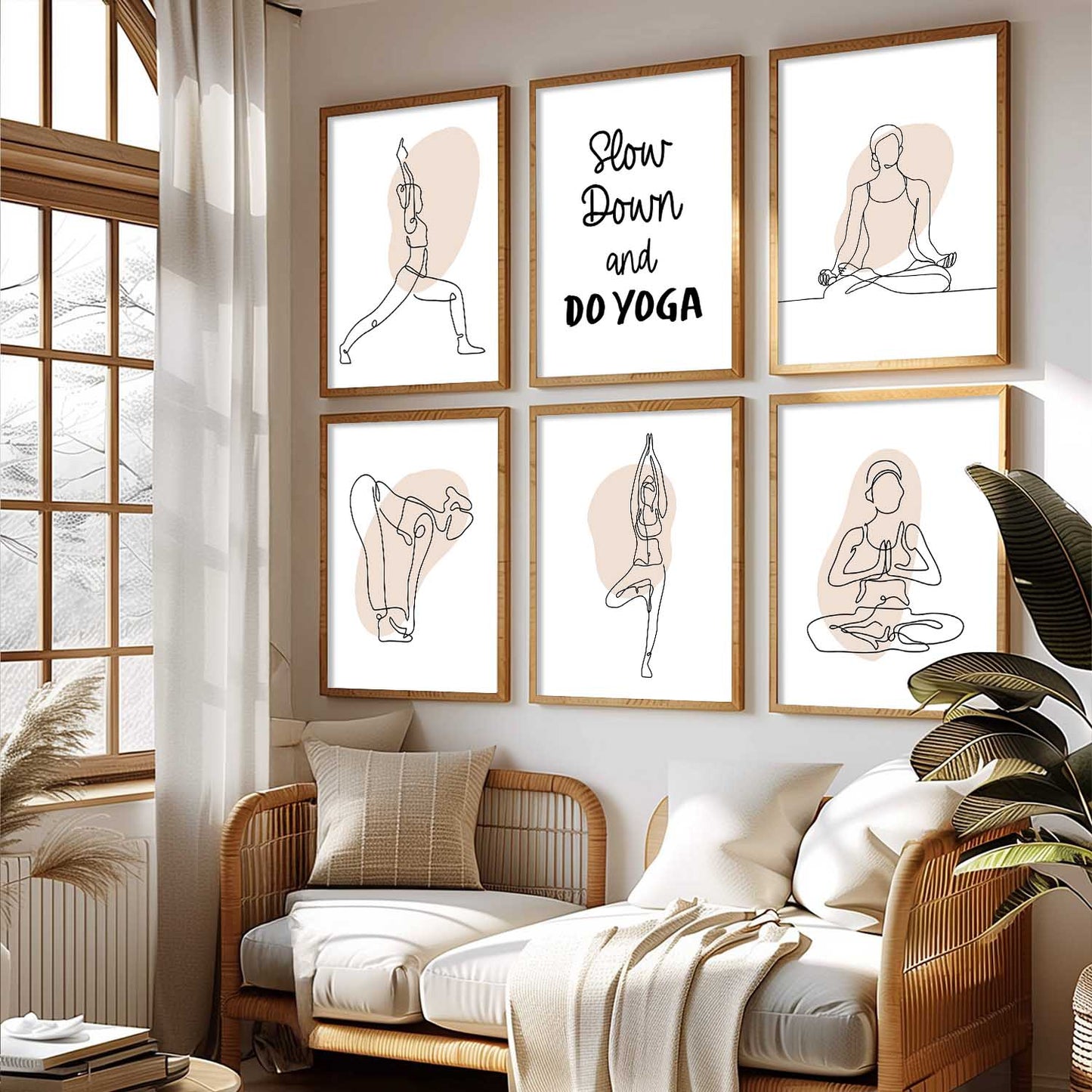 Minimalist Yoga Pose Line Wall Art Paintings with Frame for Living Room Bedroom