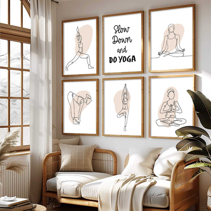 Minimalist Yoga Pose Line Wall Art Paintings with Frame for Living Room Bedroom