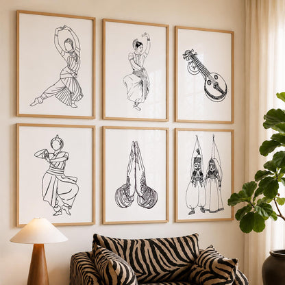 Minimalist Bharatnatyam Dance Line Wall Art Paintings with Frame for Living Room Bedroom