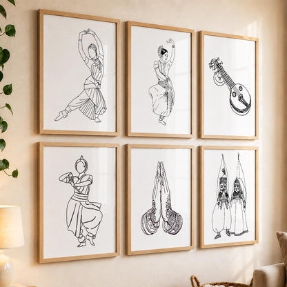 Minimalist Bharatnatyam Dance Line Wall Art Paintings with Frame for Living Room Bedroom