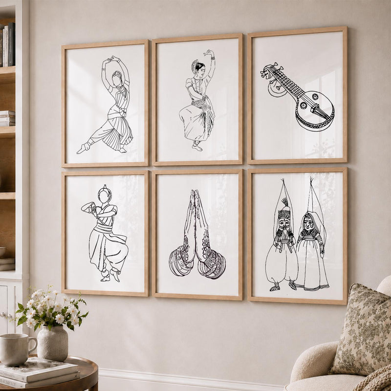 Minimalist Bharatnatyam Dance Line Wall Art Paintings with Frame for Living Room Bedroom
