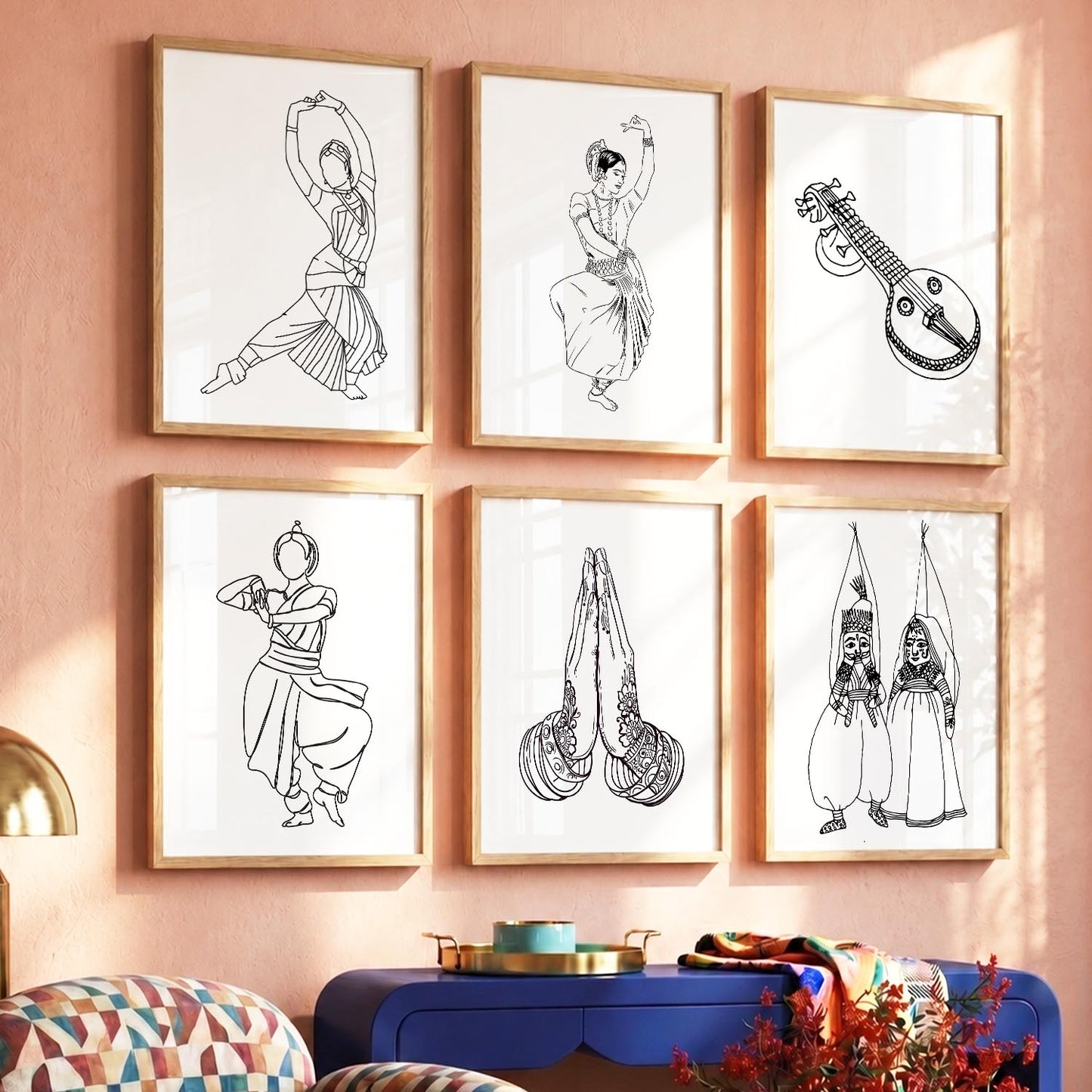 Minimalist Bharatnatyam Dance Line Wall Art Paintings with Frame for Living Room Bedroom