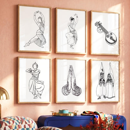 Minimalist Bharatnatyam Dance Line Wall Art Paintings with Frame for Living Room Bedroom