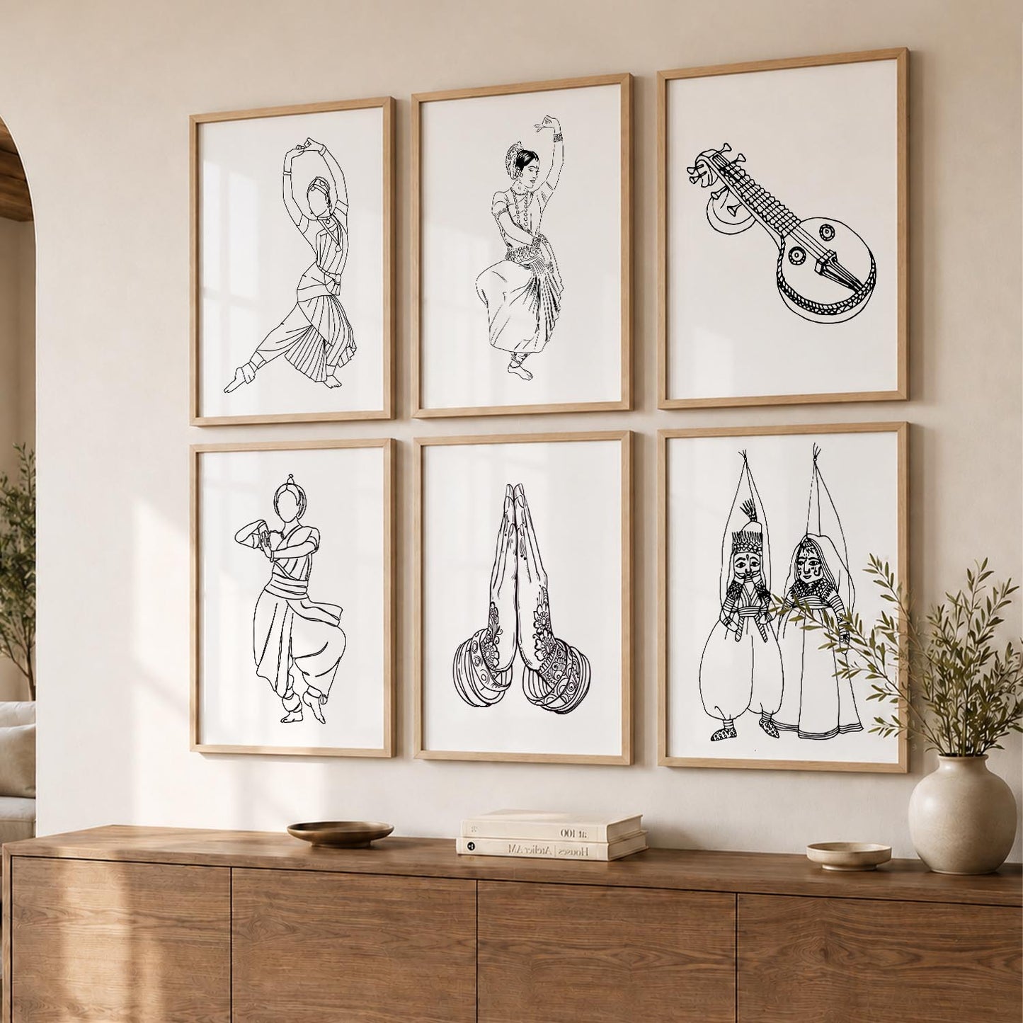 Minimalist Bharatnatyam Dance Line Wall Art Paintings with Frame for Living Room Bedroom