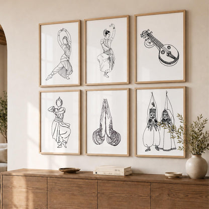 Minimalist Bharatnatyam Dance Line Wall Art Paintings with Frame for Living Room Bedroom
