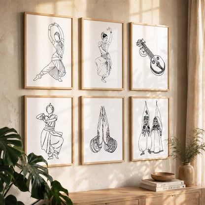 Minimalist Bharatnatyam Dance Line Wall Art Paintings with Frame for Living Room Bedroom