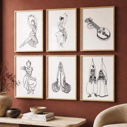 Minimalist Bharatnatyam Dance Line Wall Art Paintings with Frame for Living Room Bedroom