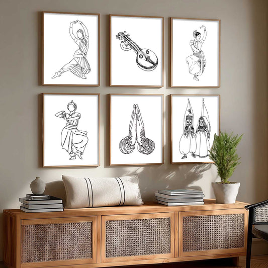 Minimalist Bharatnatyam Dance Line Wall Art Paintings with Frame for Living Room Bedroom