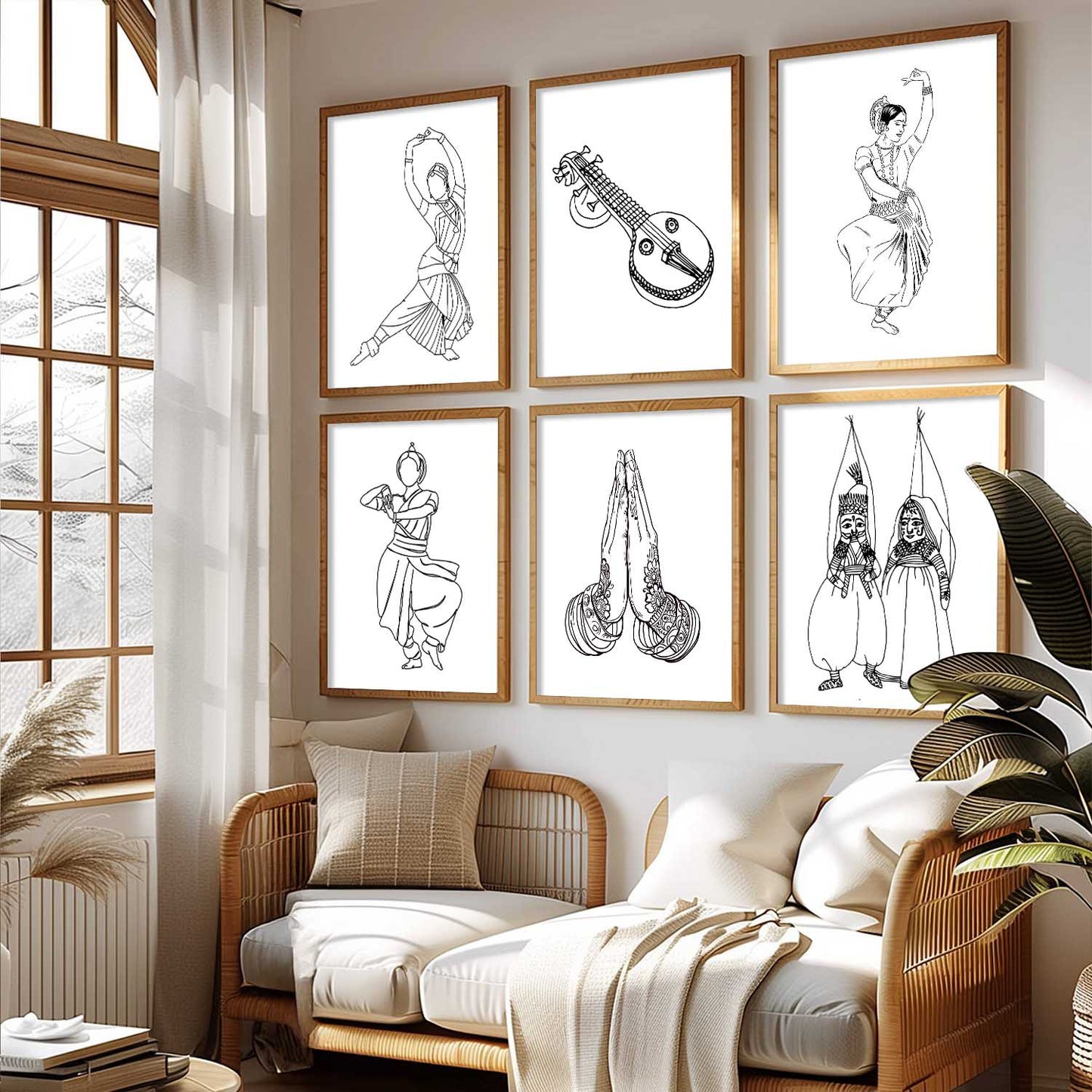Minimalist Bharatnatyam Dance Line Wall Art Paintings with Frame for Living Room Bedroom
