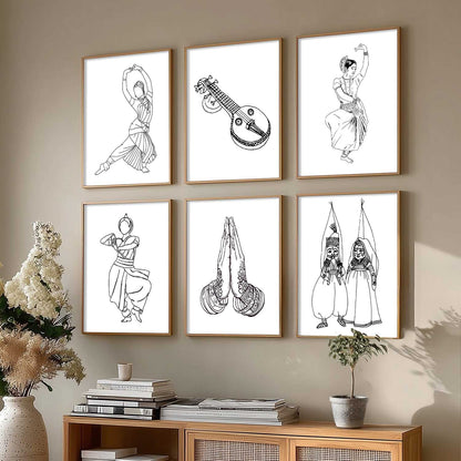 Minimalist Bharatnatyam Dance Line Wall Art Paintings with Frame for Living Room Bedroom