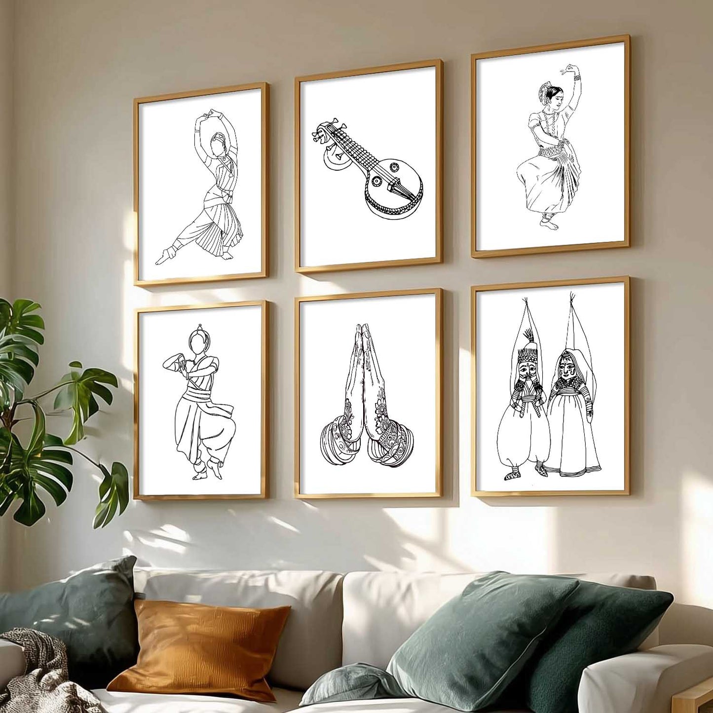 Minimalist Bharatnatyam Dance Line Wall Art Paintings with Frame for Living Room Bedroom