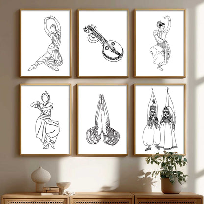 Minimalist Bharatnatyam Dance Line Wall Art Paintings with Frame for Living Room Bedroom
