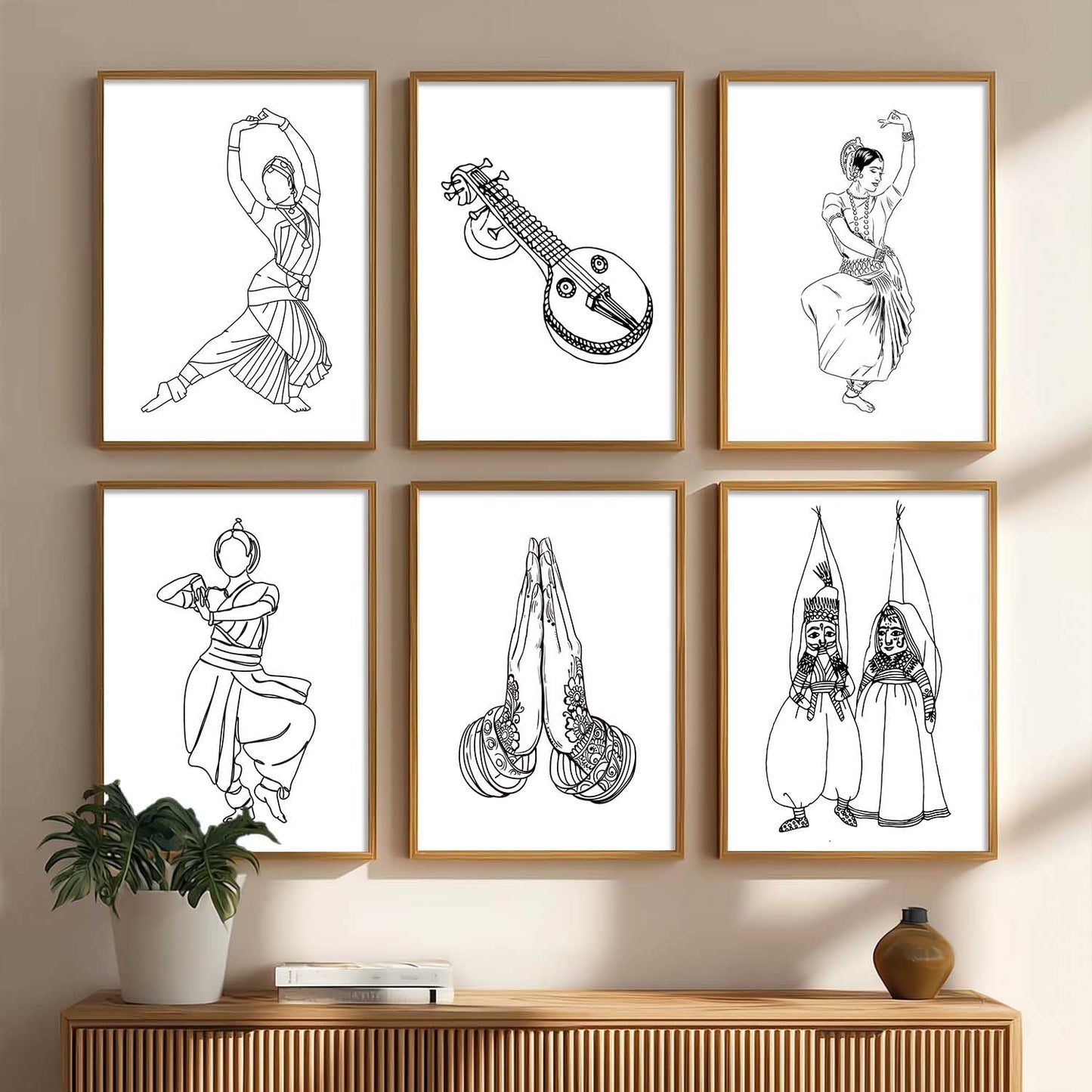 Minimalist Bharatnatyam Dance Line Wall Art Paintings with Frame for Living Room Bedroom