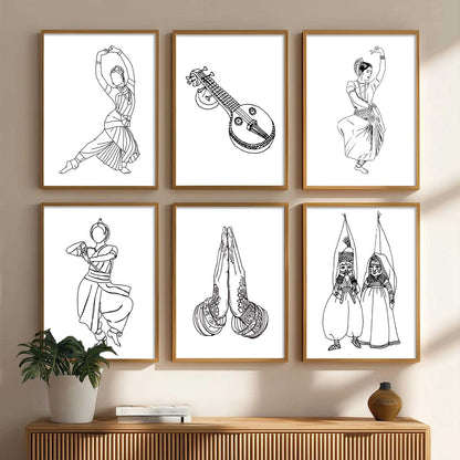 Minimalist Bharatnatyam Dance Line Wall Art Paintings with Frame for Living Room Bedroom