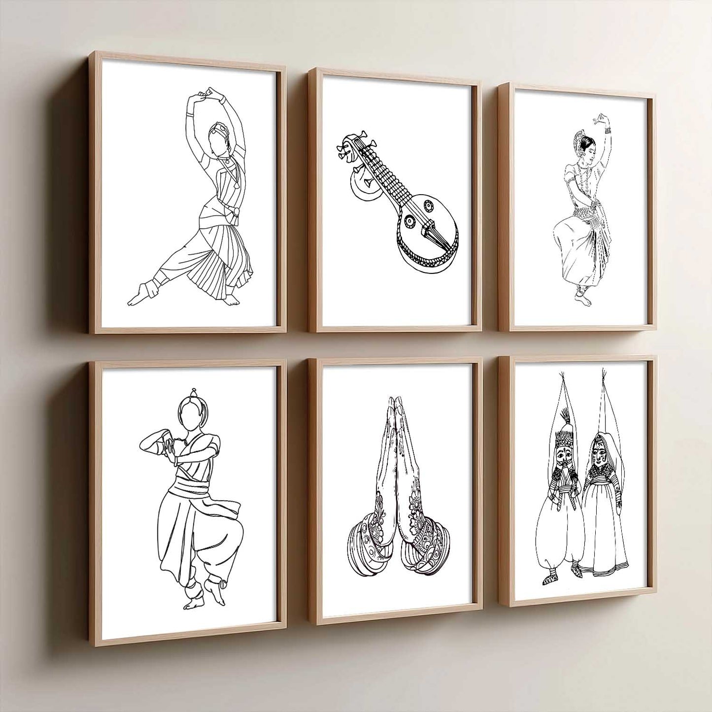 Minimalist Bharatnatyam Dance Line Wall Art Paintings with Frame for Living Room Bedroom