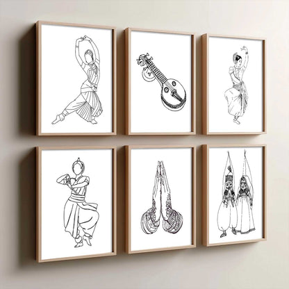 Minimalist Bharatnatyam Dance Line Wall Art Paintings with Frame for Living Room Bedroom