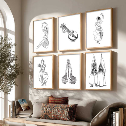 Minimalist Bharatnatyam Dance Line Wall Art Paintings with Frame for Living Room Bedroom